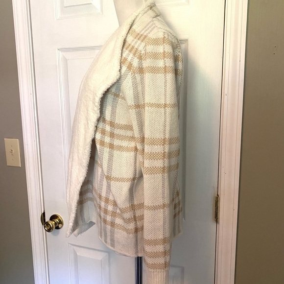 Adrienne Vittadini Ivory & Tan Plaid Open Front Cardigan Sz L - Picture 5 of 10